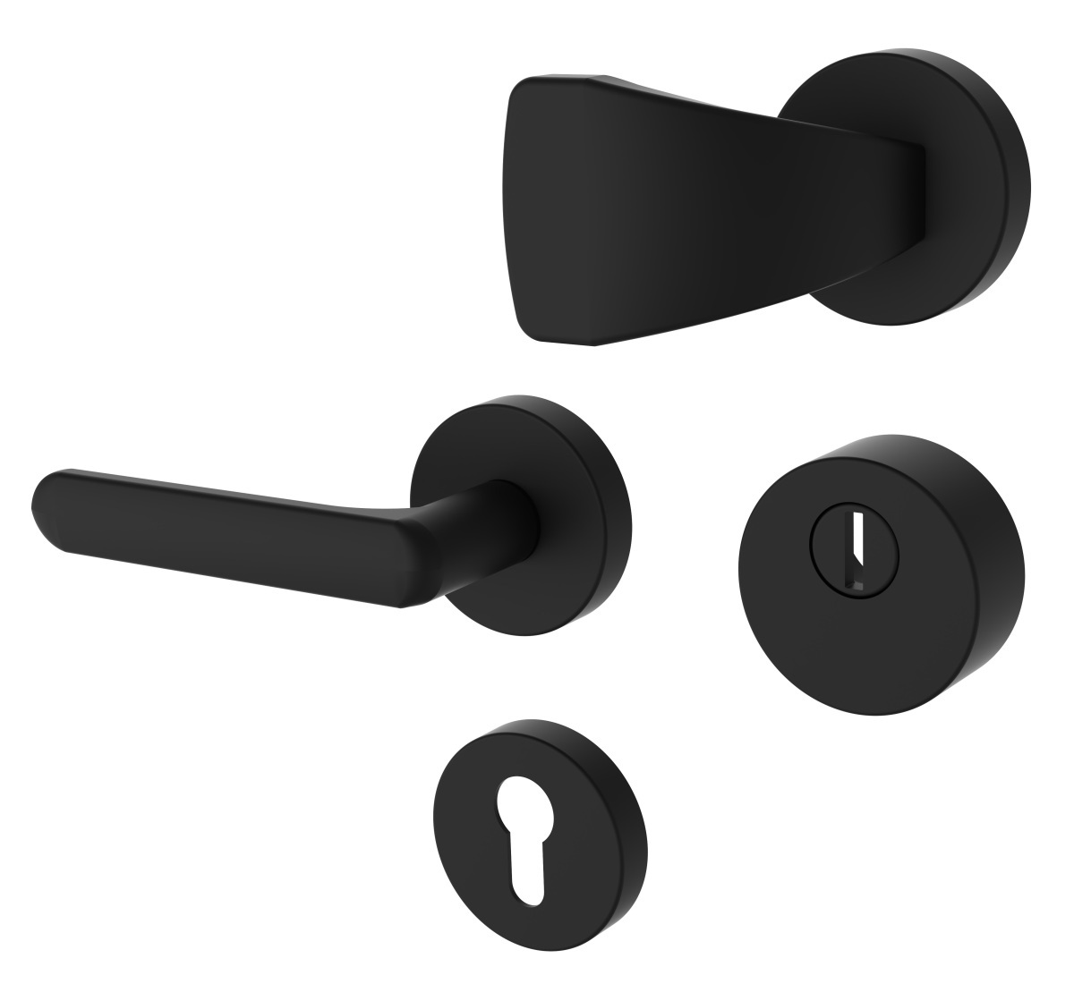 Sicherheits-Rosettenbeschlag Rostex RN1/S, rund, Schwarz matt, Dr�cker - eckiger Sto�griff